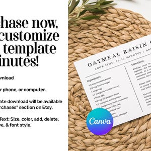 Op de afbeelding: Een witte digitale sjabloonkaart met een recept voor havermout-rozijnenkoekjes inclusief ingredi&euml;nten en instructies, geplaatst op een gevlochten mat. De tekst bevat 'Purchase now, and customize your template in minutes!' en een rond Canva-logo.