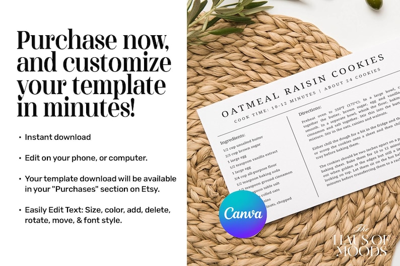 Op de afbeelding: Een witte digitale sjabloonkaart met een recept voor havermout-rozijnenkoekjes inclusief ingredi&euml;nten en instructies, geplaatst op een gevlochten mat. De tekst bevat 'Purchase now, and customize your template in minutes!' en een rond Canva-logo.