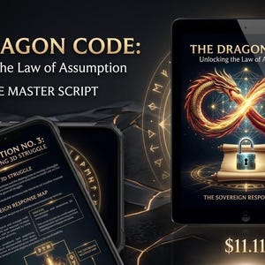 Puede incluir: Anuncio de producto digital con una tableta y dos teléfonos inteligentes. La tableta muestra "The Dragon Code: Unlocking the Law of Assumption" con un diseño de dragón y símbolo de infinito. Los teléfonos inteligentes muestran texto sobre Cove Injection y 3D struggle.