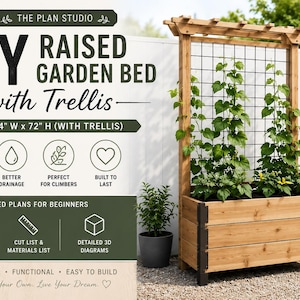 Puede incluir: Una cama de jardín elevada de bricolaje con enrejado, de 122 cm de largo x 61 cm de ancho x 183 cm de alto, hecha de madera. El diseño incluye un enrejado para plantas trepadoras. El texto "Grow More in Less Space" es visible.