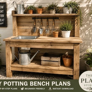 May include: A wooden potting bench with a metal sink, a top shelf holding potted plants and a metal watering can, and a lower shelf with a wooden crate and a metal watering can. A black rack holds four metal gardening tools on the back panel.