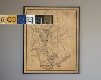 Old Map Of Cracow on Paper or Canvas, Ready to hang canvas gallery wrap or rolled print. 6 colors and 3 sizes to choose, FREE SHIPPING USA!