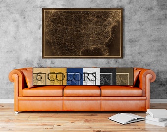 Old Large Wall Map Of USA on paper or canvas, Ready to hang canvas gallery wrap or rolled print. 6 colors and 2 sizes, Free Shipping USA!