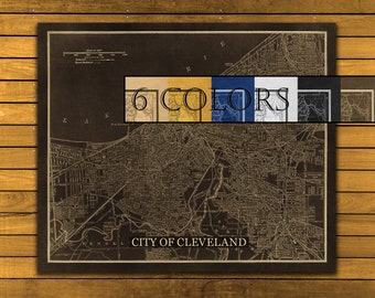 Large Vintage Map Of Cleveland, Ready to hang canvas gallery wrap or rolled print. 6 colors and 3 sizes to choose, FREE SHIPPING USA!