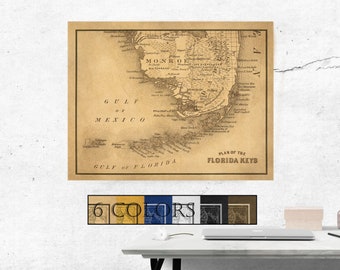 Large Vintage Map Of Key West and South Florida, 2 finish options: print or gallery wrap, 6 colors and 3 sizes to choose, FREE SHIPPING USA!