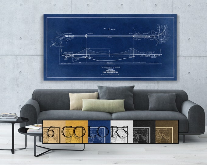 Featured listing image: Golden Gate Bridge Plan paper or canvas, 40"x80" Ready to hang canvas gallery wrap or rolled print. 6 colors and 3 sizes, FREE SHIPPING USA!