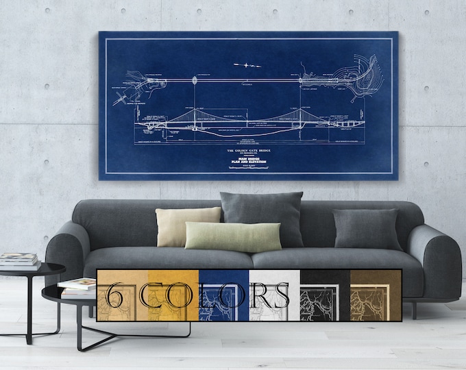 Featured listing image: Golden Gate Bridge Plan paper or canvas, 40"x80" Ready to hang canvas gallery wrap or rolled print. 6 colors and 3 sizes, FREE SHIPPING USA!