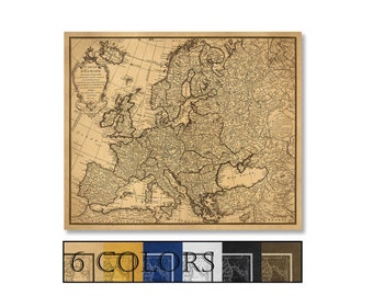 Large Vintage Map Of Europe, Ready to hang canvas gallery wrap or rolled print. 6 colors and 3 sizes to choose, FREE SHIPPING USA!