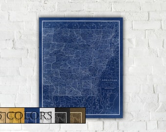Large Vintage Map Of Arkansas, Ready to hang canvas gallery wrap or rolled print. 6 colors and 3 sizes to choose, FREE SHIPPING USA!