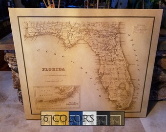 Old Map Of Florida, Large Map Paper or Canvas, Ready to hang canvas gallery wrap or rolled print. 6 colors and 3 sizes, FREE SHIPPING USA!