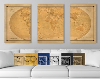 Current World Map Canvas, Old Look, Triptych, Huge 60"×120", Ready to hang canvas gallery wrap or rolled print. 6 colors, FREE SHIPPING USA!