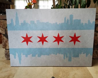 40"×60" Max. Chicago flag skyline large canvas or paper, Ready to hang canvas gallery wrap or rolled print. 3 sizes, FREE SHIPPING USA!