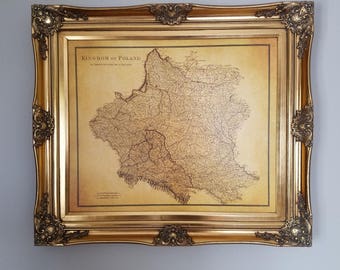 Framed Old Map Of Poland, 20"x 24" Wall Art on canvas, 3.25" Wide Beautiful Gold Frame, FREE SHIPPING USA!