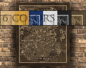 Old Map Of Madrid, Wall Map on paper or canvas! Ready to hang canvas gallery wrap or rolled print. 6 colors and 3 sizes, FREE SHIPPING USA!