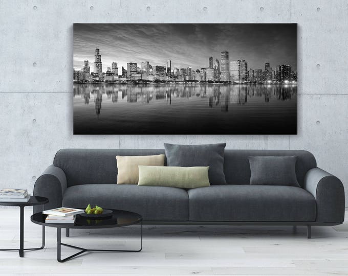 Featured listing image: Extra Large Chicago Skyline! 40"×80" and other sizes, Three colors, Ready to hang canvas gallery wrap or rolled print. FREE SHIPPING USA!