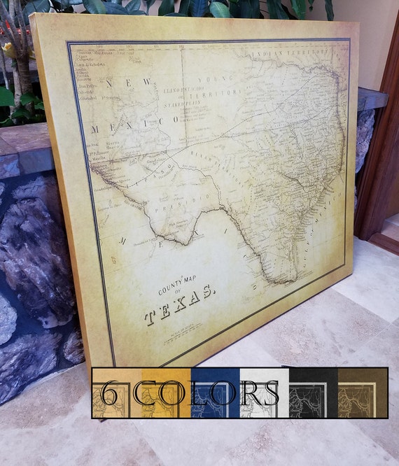 Large Vintage Map Of Texas, Ready to hang canvas gallery wrap or rolled print. 6 colors and 3 sizes to choose, FREE SHIPPING USA!