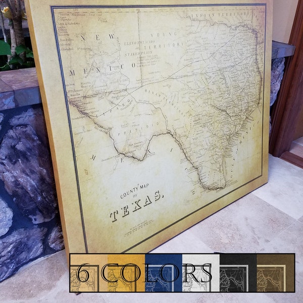 Large Vintage Map Of Texas, Ready to hang canvas gallery wrap or rolled print. 6 colors and 3 sizes to choose, FREE SHIPPING USA!