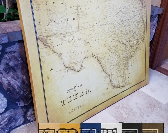 Featured listing image: Large Vintage Map Of Texas, Ready to hang canvas gallery wrap or rolled print. 6 colors and 3 sizes to choose, FREE SHIPPING USA!