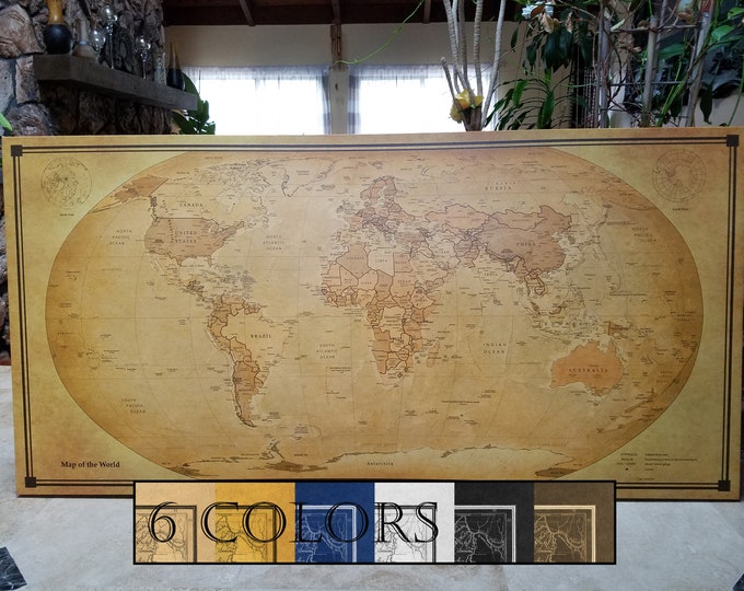 Featured listing image: World Map canvas or paper with old look! 40"×80" Max. Print or gallery wrap, 6 colors and 3 sizes to choose, FREE SHIPPING USA!