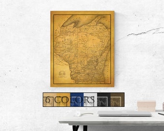 Large Vintage Map Of Wisconsin, Ready to hang canvas gallery wrap or rolled print. 6 colors and 3 sizes to choose, FREE SHIPPING USA!