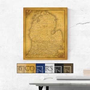 Large Vintage Map Of Michigan, Ready to hang canvas gallery wrap or rolled print. 6 colors and 3 sizes to choose, FREE SHIPPING USA!