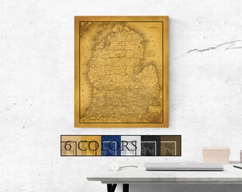 Large Vintage Map Of Michigan, Ready to hang canvas gallery wrap or rolled print. 6 colors and 3 sizes to choose, FREE SHIPPING USA!