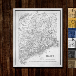 Large Old Map Of Maine, Ready to hang canvas gallery wrap or rolled print. 6 colors and 3 sizes to choose, FREE SHIPPING USA!