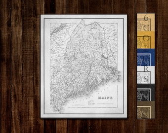 Large Old Map Of Maine, Ready to hang canvas gallery wrap or rolled print. 6 colors and 3 sizes to choose, FREE SHIPPING USA!