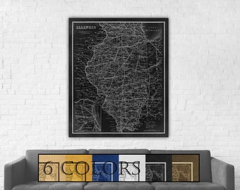 Large Vintage Map Of Illinois, Ready to hang canvas gallery wrap or rolled print. 6 colors and 3 sizes to choose, FREE SHIPPING USA!