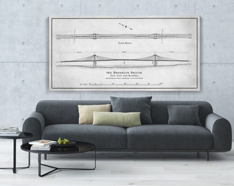 Brooklyn Bridge Plan paper or canvas, 40"x80" Ready to hang canvas gallery wrap or rolled print. 6 colors and 3 sizes, FREE SHIPPING USA!