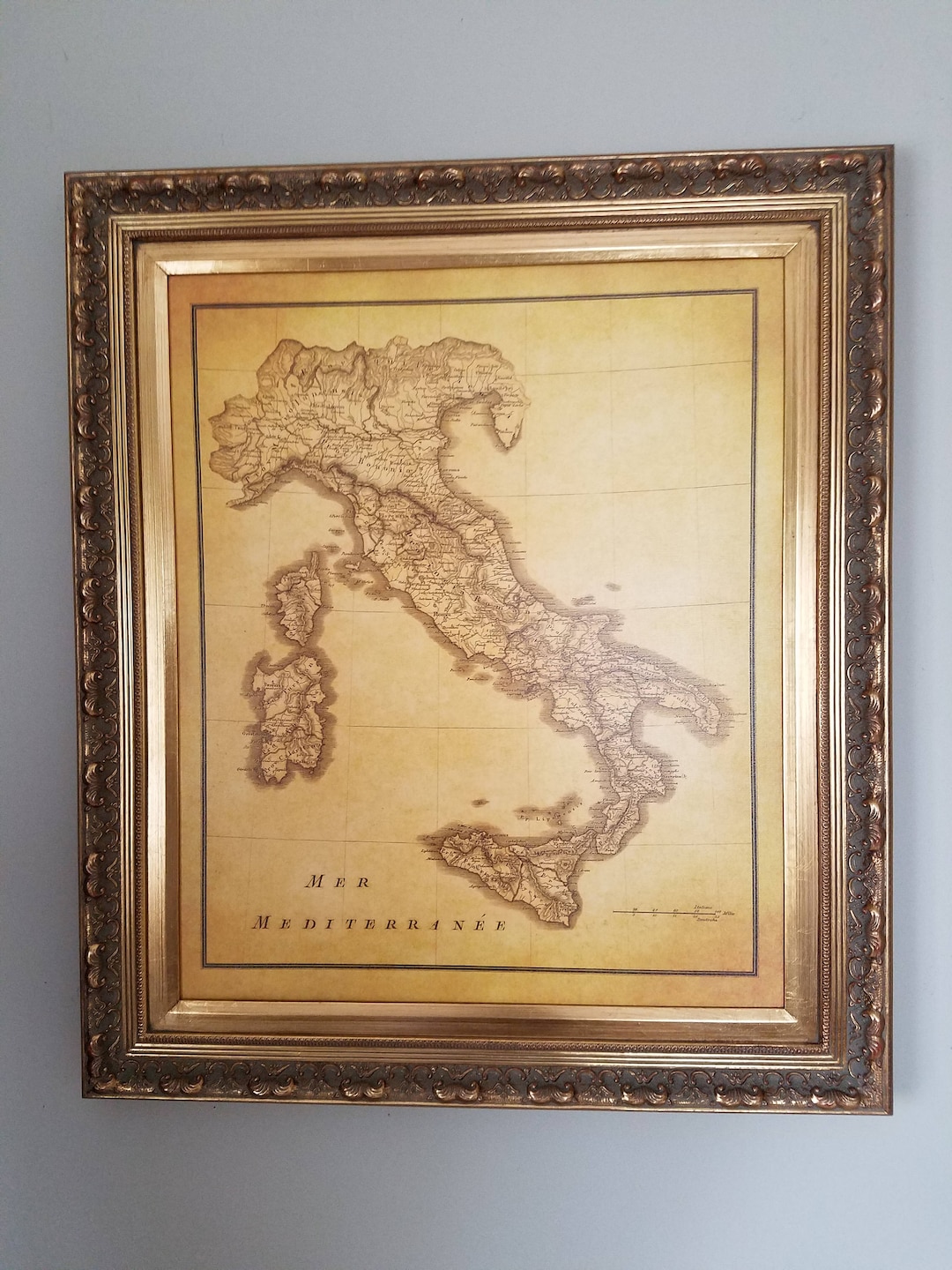 Framed Old Map of Italy, 20x 24 Wall Art on Canvas, 3.25 Wide Beautiful Gold Frame, FREE