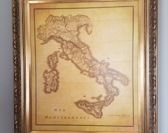 Framed Old Map Of Italy, 20"x 24" Wall Art on canvas, 3.25" Wide Beautiful Gold Frame, FREE SHIPPING USA!
