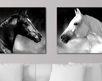 White & Black Horses 36x86 Max size, three sizes, two pieces, Ready to hang canvas gallery wrap or rolled print. Free Shipping USA!