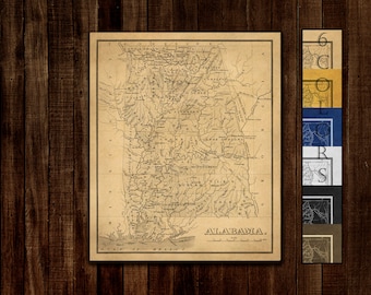 Large Old Map Of Alabama, Ready to hang canvas gallery wrap or rolled print. 6 colors and 3 sizes to choose, FREE SHIPPING USA!
