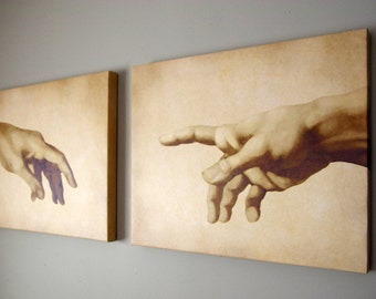 Two Hands The Creation of Adam 32x76 Max size, two sizes, two pieces, Ready to hang canvas gallery wrap or rolled print. Free Shipping USA!