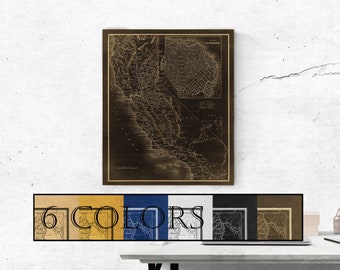 Large Vintage Map Of California, Ready to hang canvas gallery wrap or rolled print. 6 colors and 3 sizes to choose, FREE SHIPPING USA!