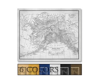Large Vintage Map Of Alaska, Ready to hang canvas gallery wrap or rolled print. 6 colors and 3 sizes to choose, FREE SHIPPING USA!