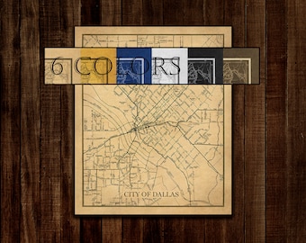 Large Vintage Map Of Dallas, Ready to hang canvas gallery wrap or rolled print. 6 colors and 3 sizes to choose, FREE SHIPPING USA!