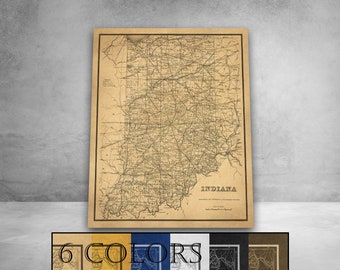 Large Old Map Of Indiana, Ready to hang canvas gallery wrap or rolled print. 6 colors and 3 sizes to choose, FREE SHIPPING USA!