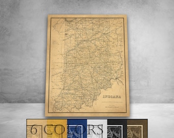 Large Old Map Of Indiana, Ready to hang canvas gallery wrap or rolled print. 6 colors and 3 sizes to choose, FREE SHIPPING USA!