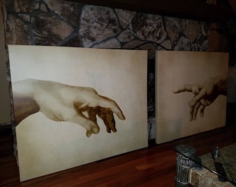 Two Hands The Creation of Adam 32x76 Max size, two sizes, two pieces, Ready to hang canvas gallery wrap or rolled print. Free Shipping USA!