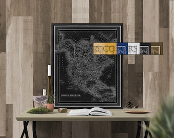 Large Vintage Map Of North America, Ready to hang canvas gallery wrap or rolled print. 6 colors and 3 sizes to choose, FREE SHIPPING USA!