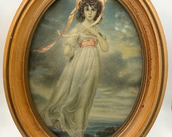 Vintage Pinkie Oval Framed Print Convex Bubble Glass Victorian Wall Art Cottage Decor