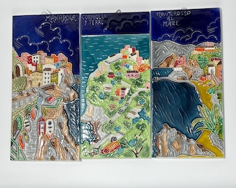 Juego de placas de cerámica italianas vintage / Relieve de Cinque Terre pintado a mano