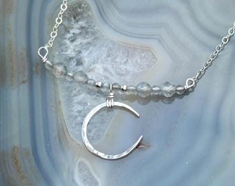 Hand-hammered silver or 14k gold filled crescent moon & gemstone bar necklace
