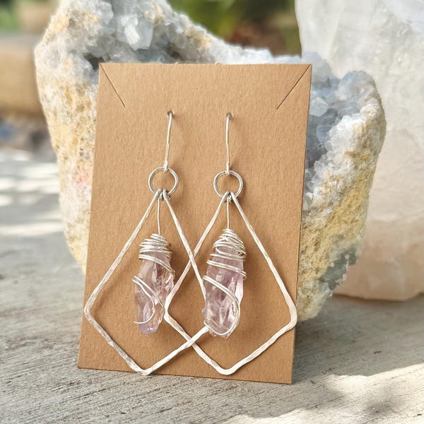 Handcrafted Sterling Silver Cassiopeia Dangles – Raw Amethyst & Hammered Silver Celestial Earrings