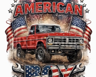Vintage Ford Truck All American Boy PNG, Red White Blue Flag Graphic (Digital Download)