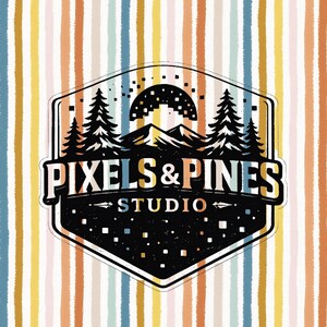 May include: A logo for Pixels & Pines Studio, featuring a mountain scene with pine trees and a pixelated sun. The logo is set against a backdrop of vertical stripes in various colors, including blue, orange, and yellow. The text "PIXELS & PINES STUDIO" is prominently displayed.