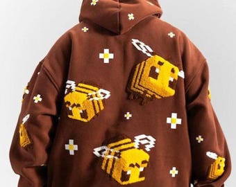 Sudadera con capucha marrón Pixel Bee – Estilo urbano extragrande con bordado 3D.