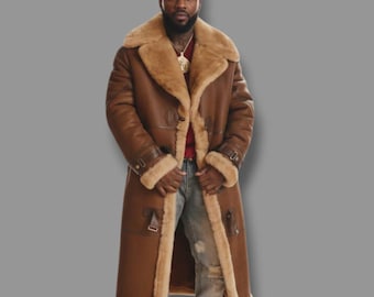 Handmade Men’s Shearling Sheepskin Leather Coat – Vintage Long Winter Jacket with Fur Lining
